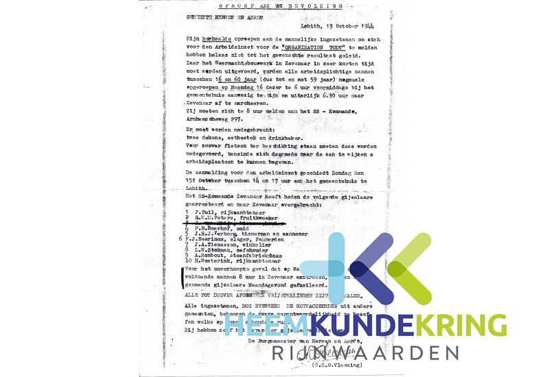 19 oktober 1944 Oproep voor Arbeidsinzet ``Organisation TODT`` met de namen van de Gijzelaars. Coll. HKR